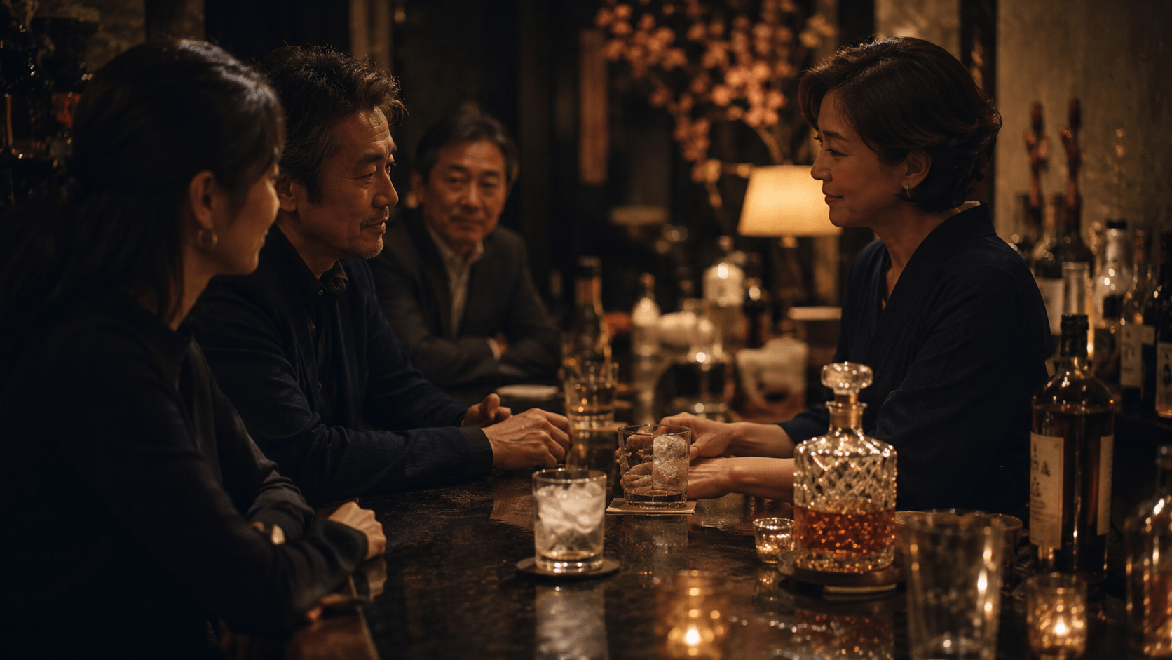 スナックのカウンターでママとお客さんが静かに会話する夜