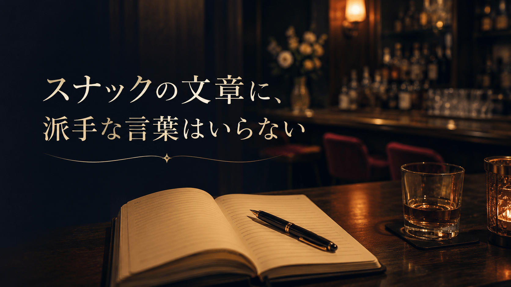 スナックの文章に派手な言葉はいらないことを表現したオリジナルコラムのアイキャッチ