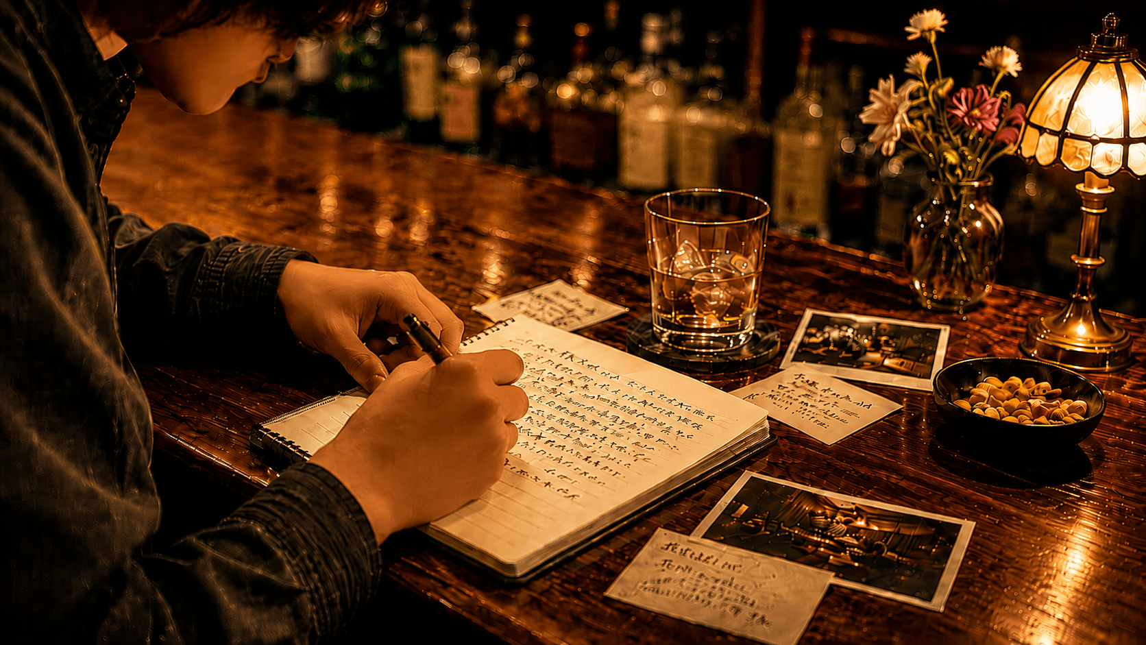 スナックの夜の記憶をノートに書き留める制作風景
