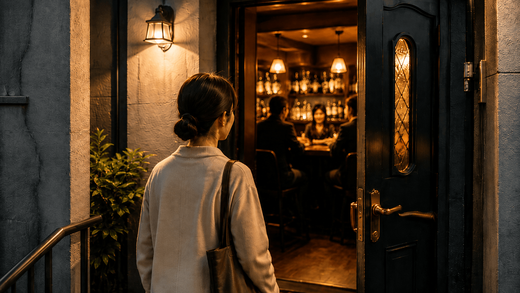 スナックの扉の前で初めての来店に少しためらう人