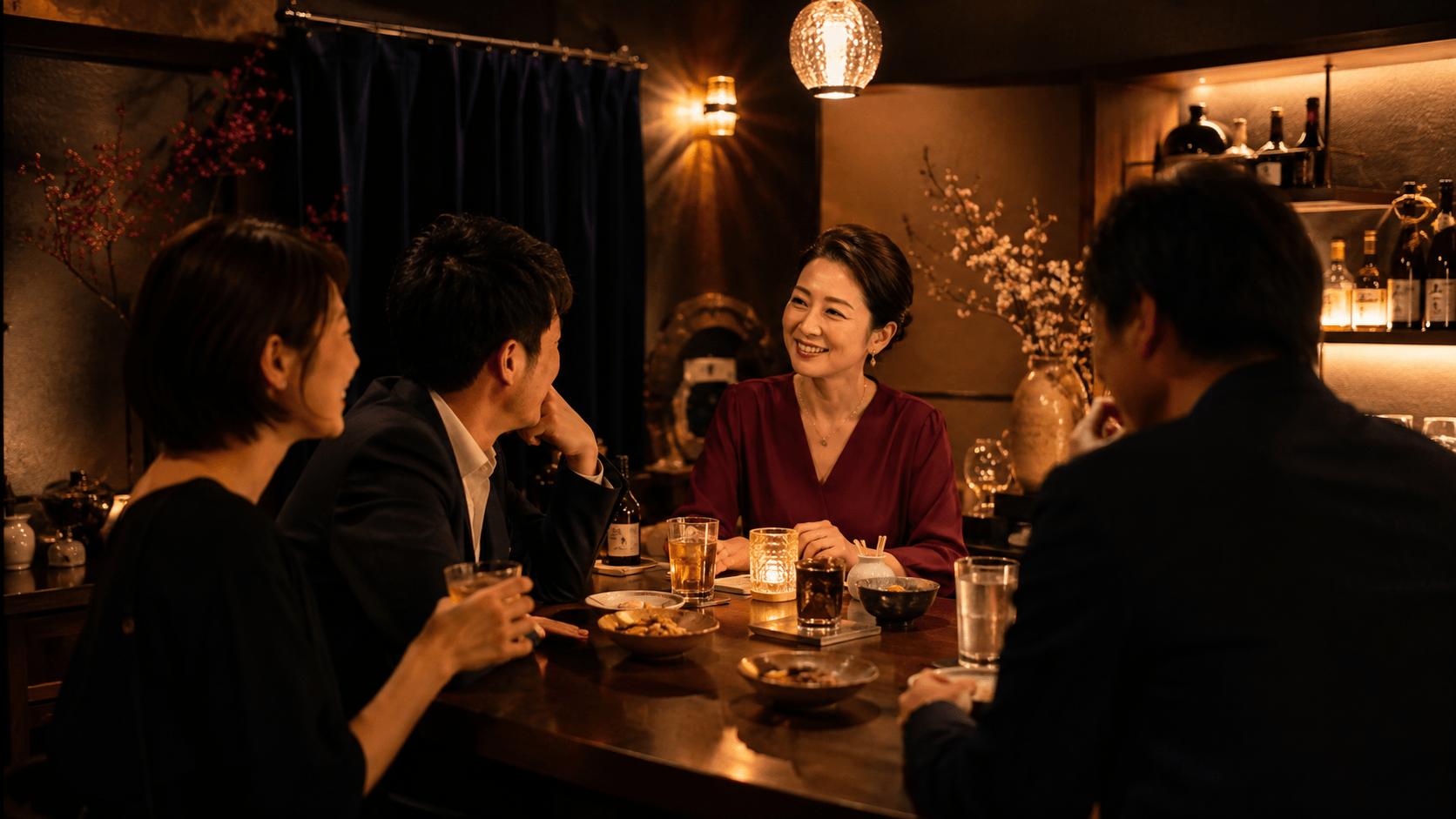 スナックのカウンターでママとお客さんが穏やかに会話する夜