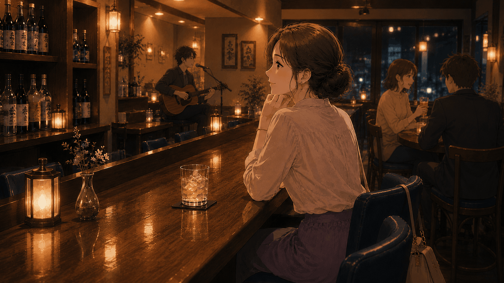 スナックのカウンターで静かに夜になじむ亜矢子さん