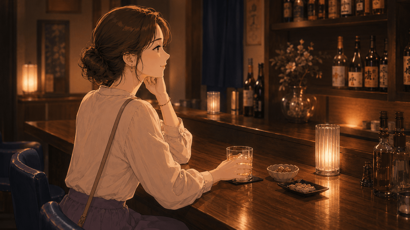スナックのカウンターでグラスを傾ける亜矢子さん