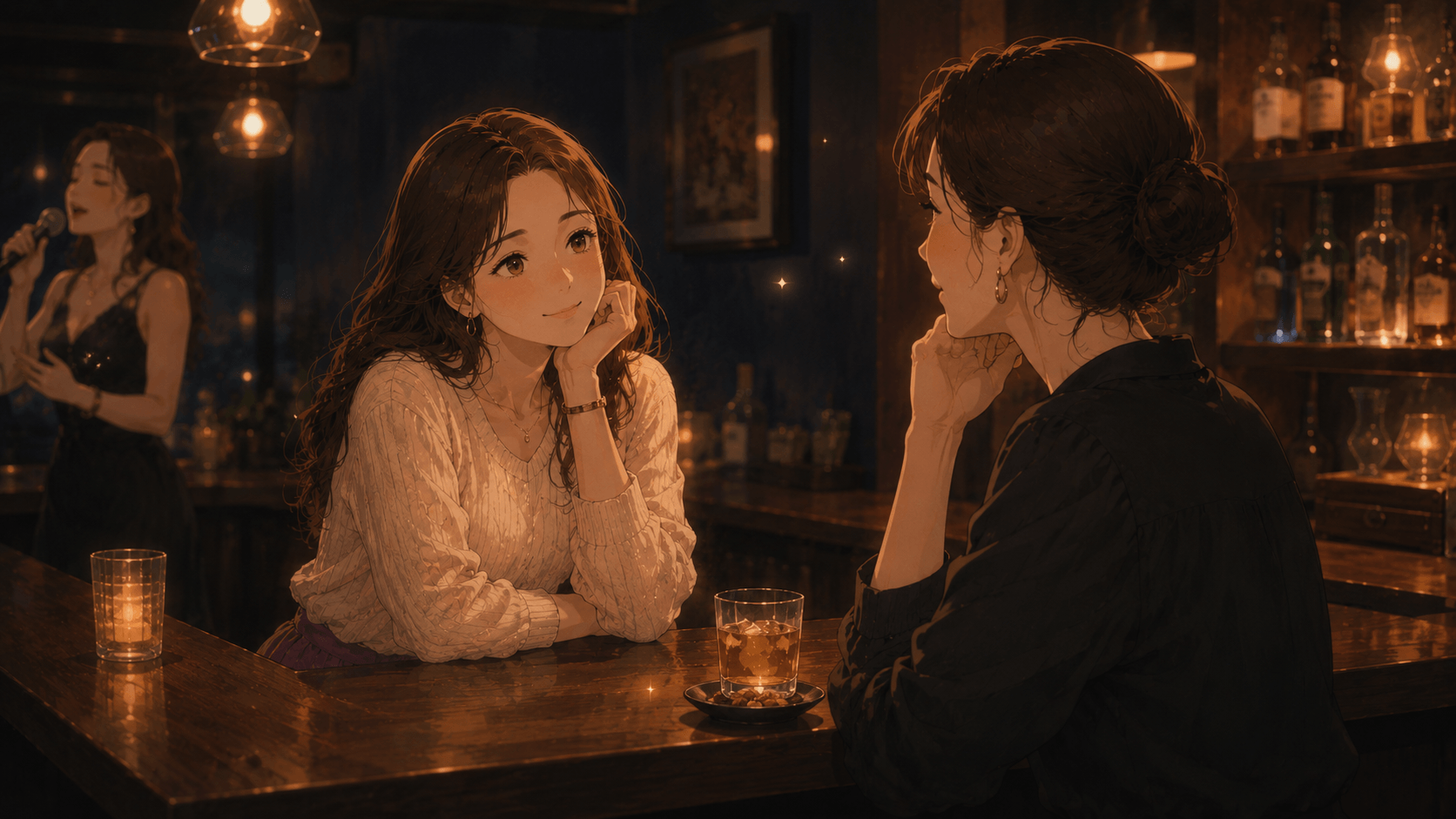 スナックで誰かの歌に耳を傾ける亜矢子さん