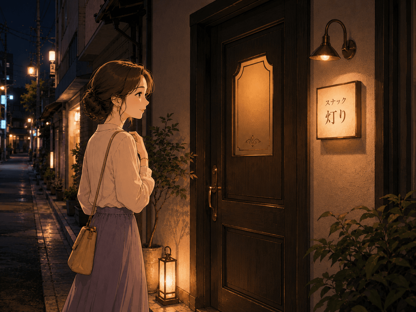 スナックの扉の前で立ち止まる亜矢子さん