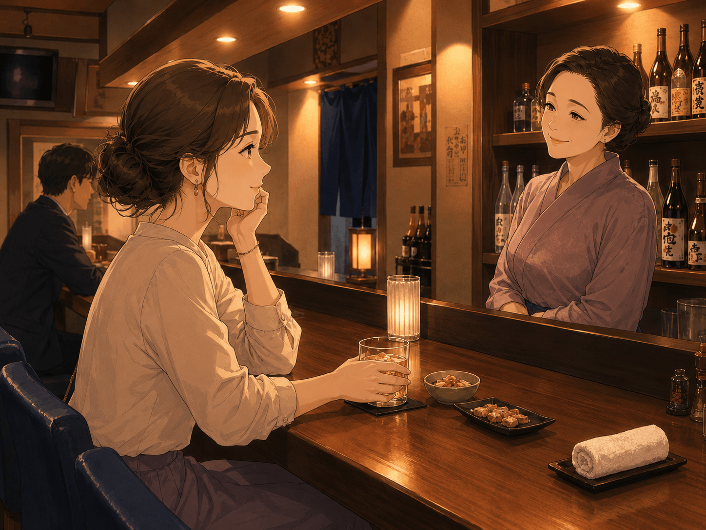 スナックのカウンターでママと向き合う亜矢子さん