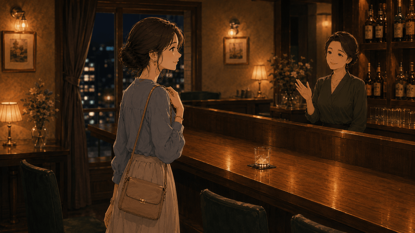 短いスナックの夜を終えて灯りを背に帰るイメージ